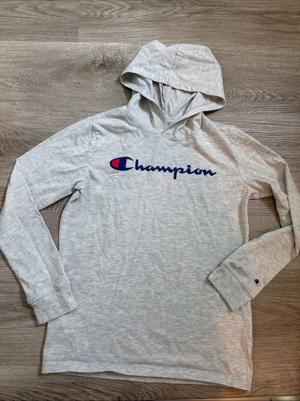 Champion Light Gray Long Sleeve Tee w/ Hood boys large 14/16